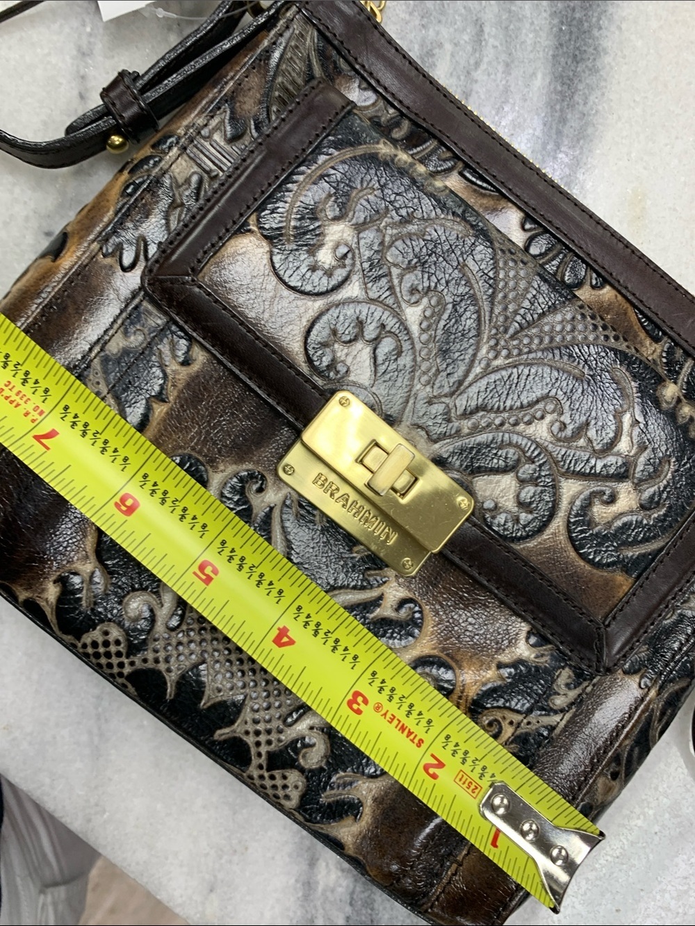 Brahmin Brown and Black Embossed Leather Crossbody with Tassel - Picture 7 of 10